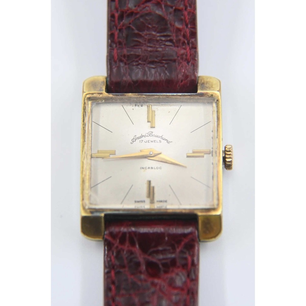 Andre Bouchard 17 Jewels Incabloc Vintage Swiss Watch Gold Tone Square Burgundy